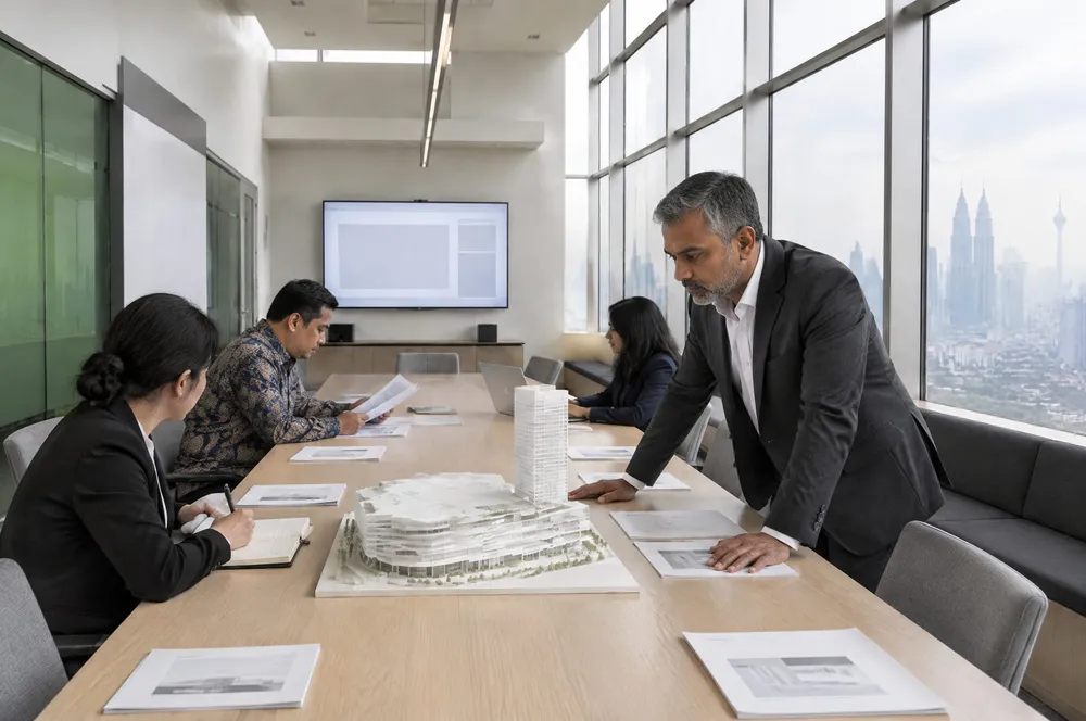 Asset managers reviewing documents around a meeting table