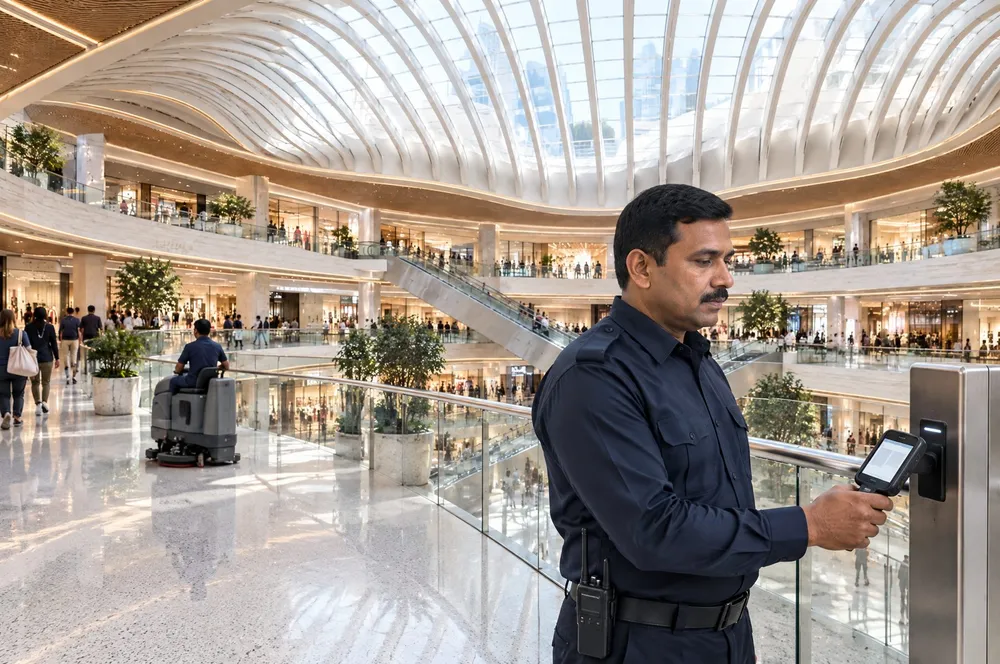 Operations staff member checking a tablet in a shopping mall atrium