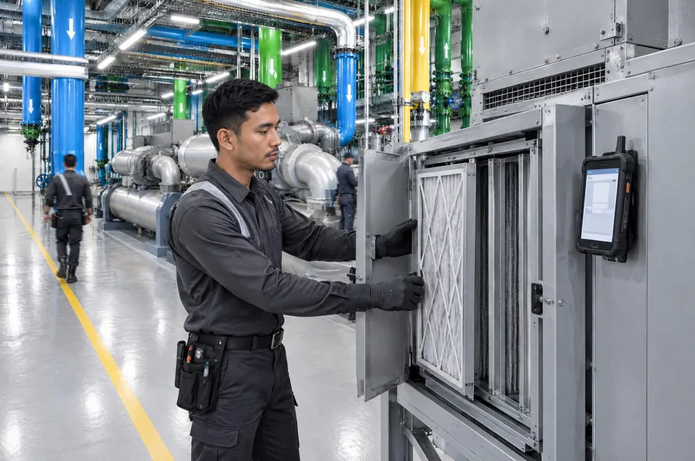 Technician servicing plant equipment in a building plant room