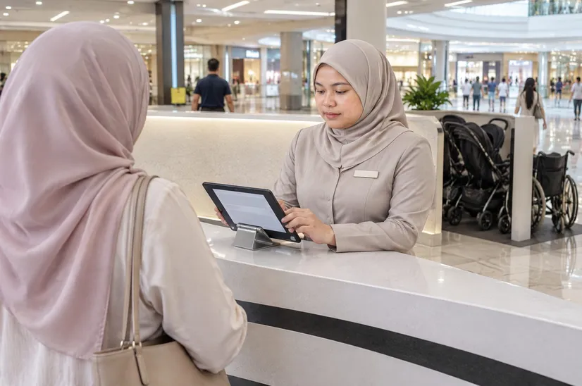 Mall concierge using a tablet at the info desk