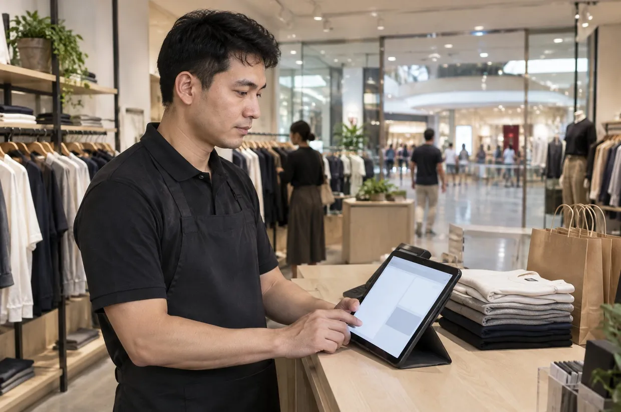 Tenant staff member preparing the month's sales submission on a tablet