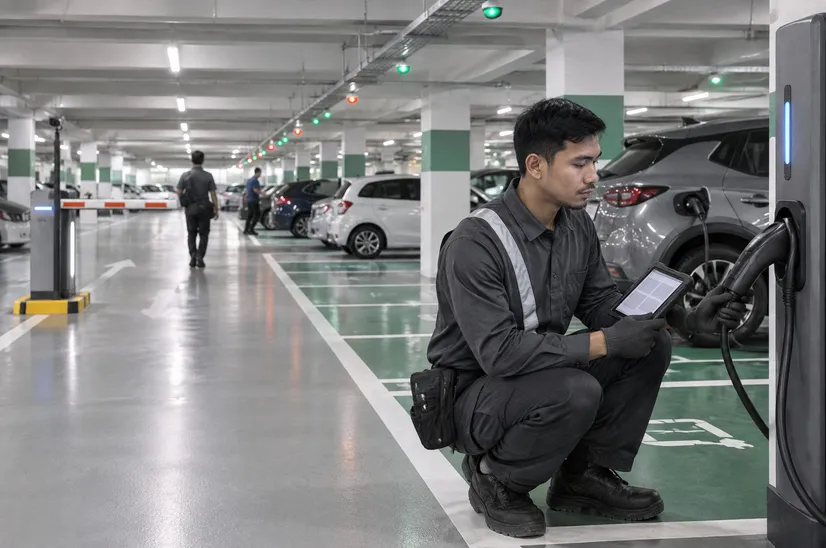 Technician inspecting building plant