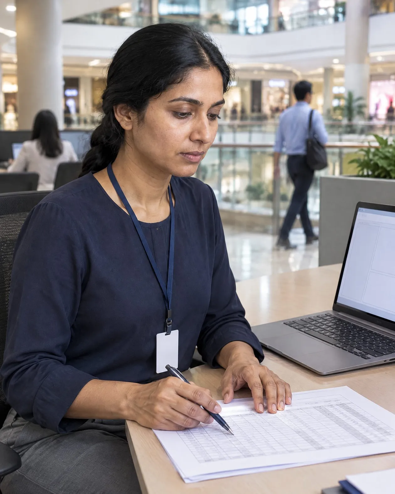 Billing officer at a computer in a mall office