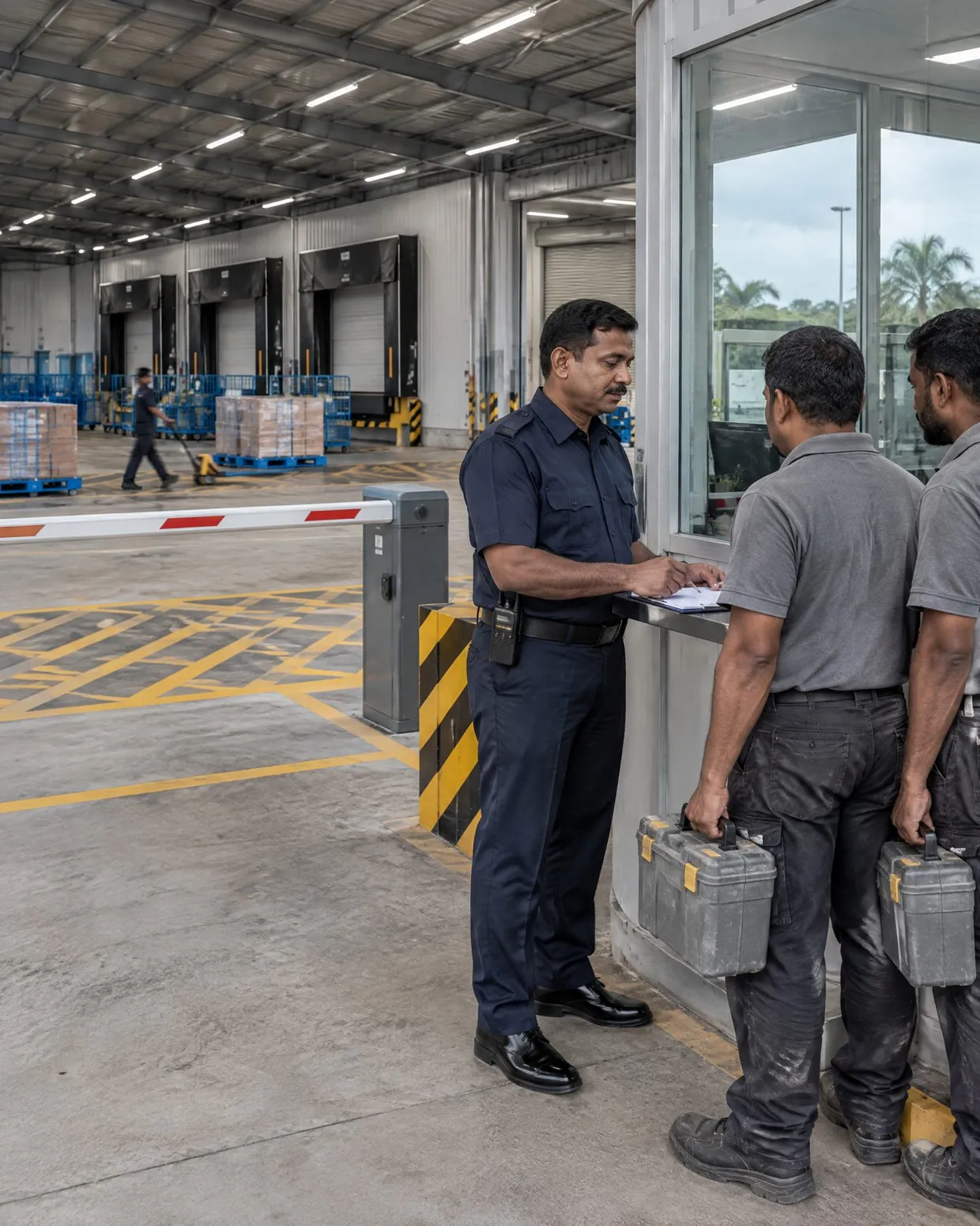 Security officer checking contractor passes at a loading bay