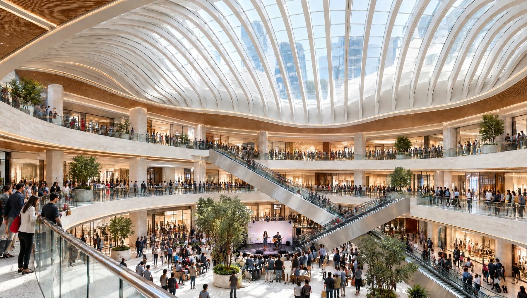 Shopping mall atrium seen from the upper level