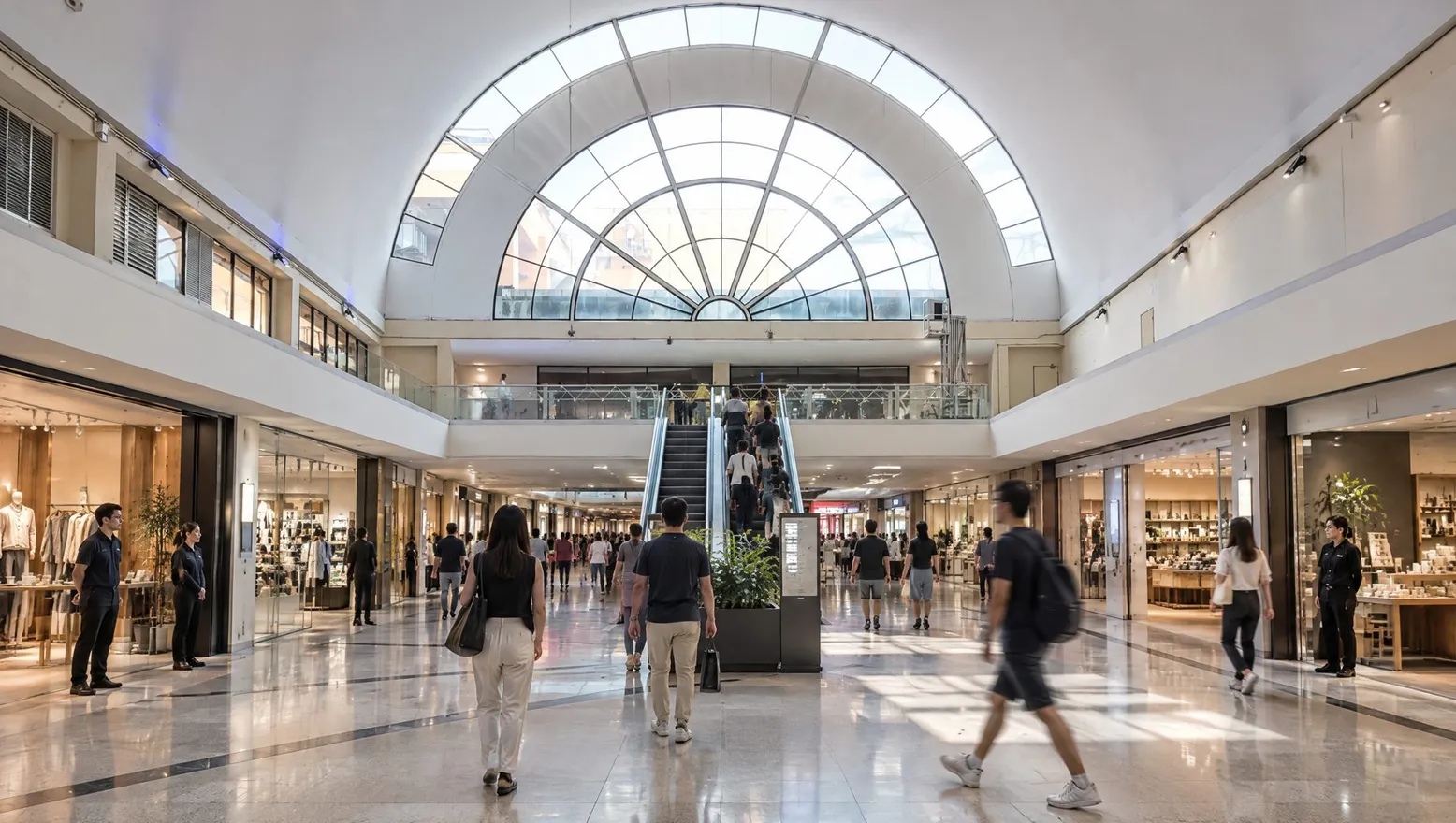 A shopper walking through a bright mall atrium