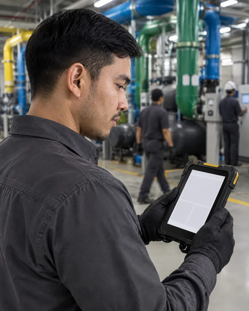 Building manager checking a work order on a tablet